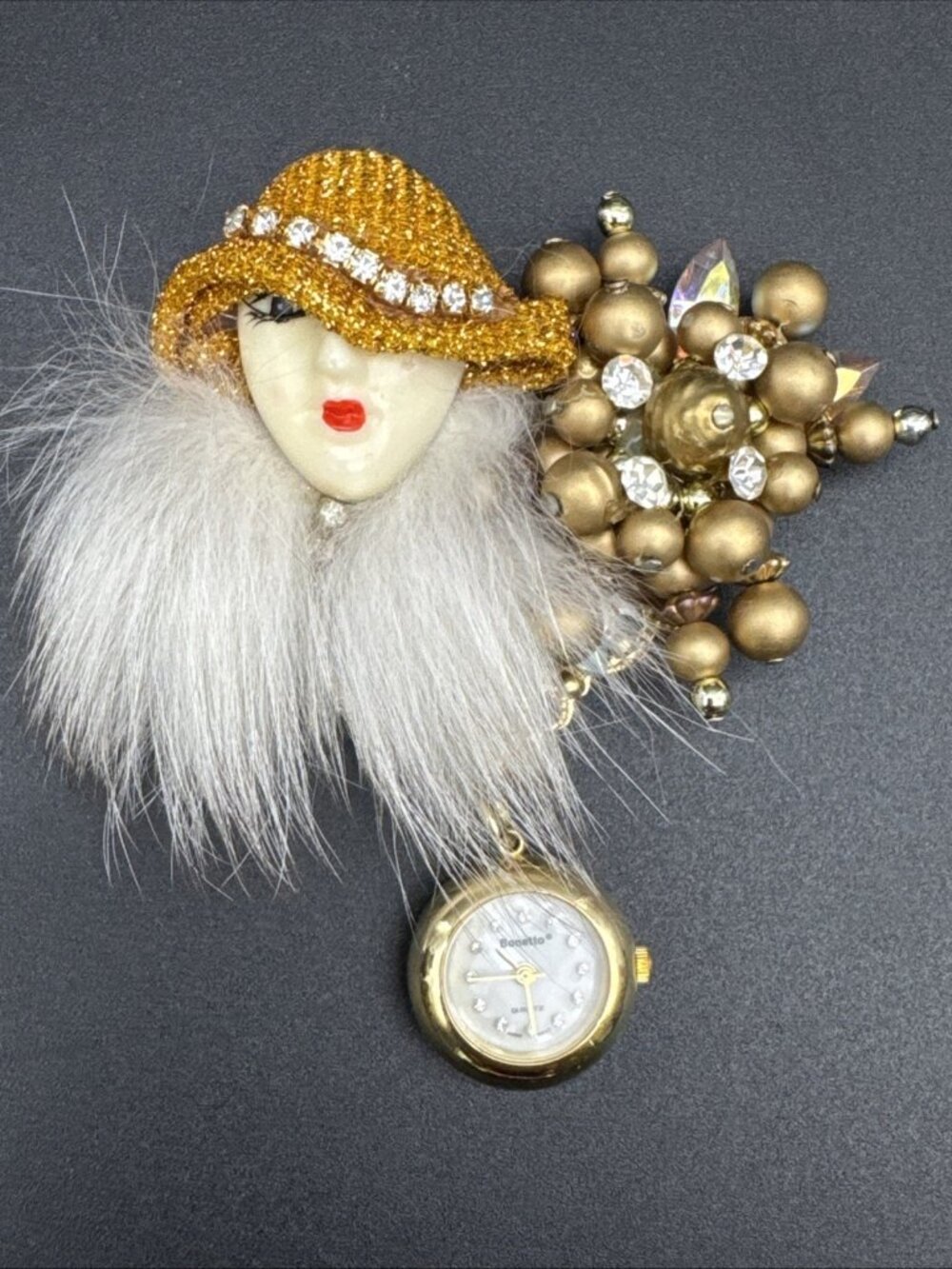 Vintage Bonetto Fancy Lady Brooch Pin Watch Gold Rhinestones With Box Faux Fur